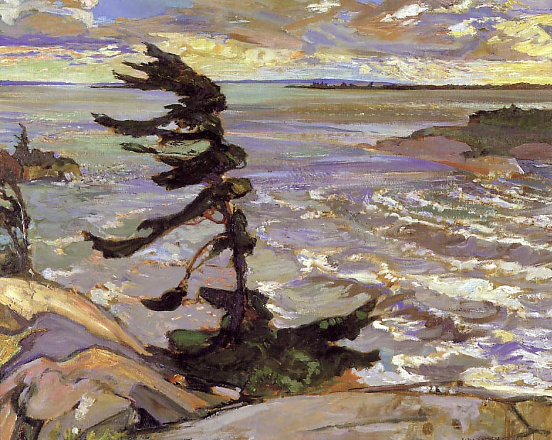 Stormy Weather, Georgian Bay — F. H. Varley, c. 1920. A windswept pine on rocky Canadian shores under a dramatic sky.